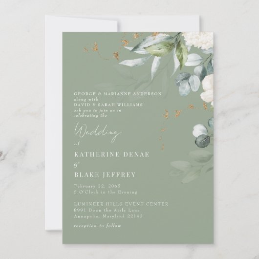 Elegant White Hydrangea Sage Beide Eltern Hochzeit Einladung (Vorderseite)