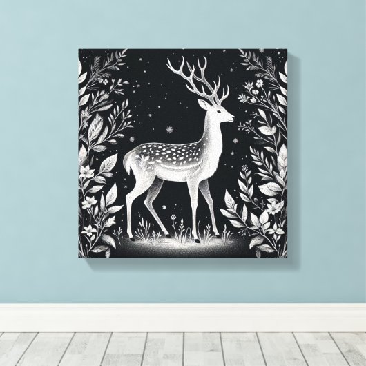 Elegant White Ink Deer in Botanical Frame Leinwanddruck (Insitu (Holzboden))