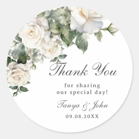 Elegant White Ivory Rose Floral Wedding Bridal Runder Aufkleber (Vorderseite)