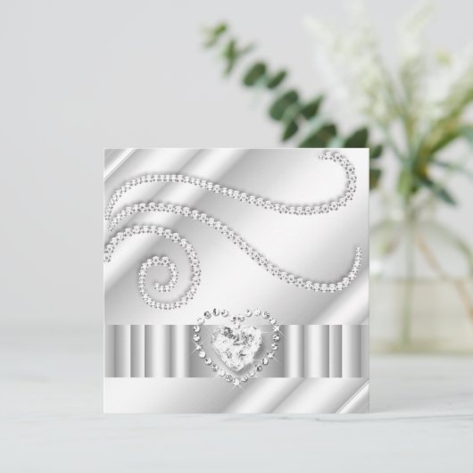 Elegant White Jewel Diamonds Silver Birthday Party Einladung (Stehend Vorderseite)