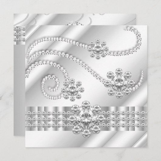 Elegant White Jewel Diamonds Silver Birthday Party Einladung (Vorne/Hinten)