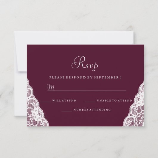 Elegant White Lace Burgundy Wedding RSVP Karte (Vorderseite)