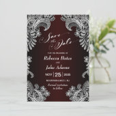 Elegant White Lace Burgundy Wedding Save The Date (Stehend Vorderseite)