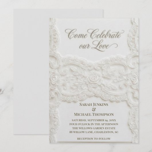 Elegant White Lace Wedding Invitation Einladung (Vorne/Hinten)