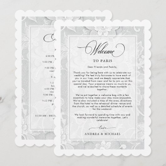 Elegant White Lace Wedding Welcome Itinerary Card Einladung (Vorne/Hinten)