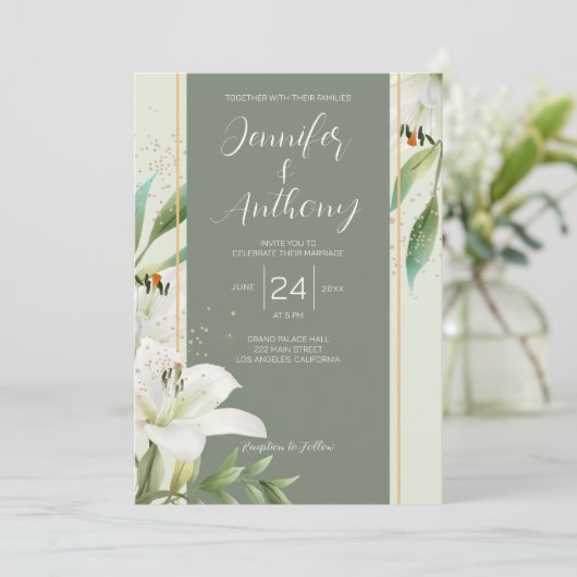 Elegant White Lilies Wedding Einladung (Stehend Vorderseite)