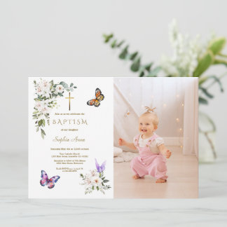 Elegant White Lily Butterfly Girl Photo Baptism Einladung