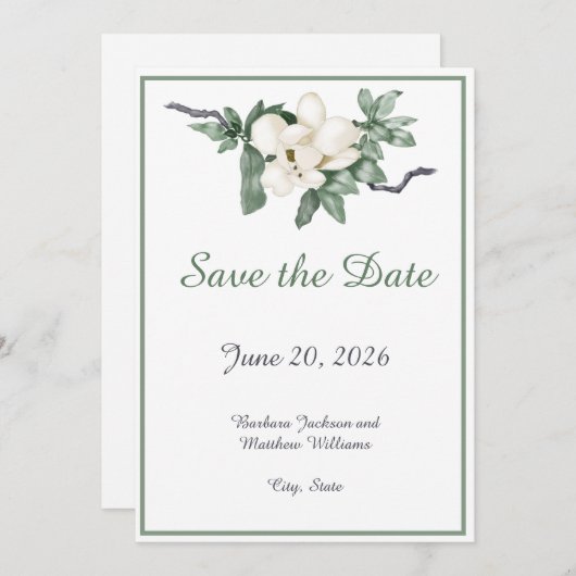 Elegant White Magnolia Blossom Save The Date (Vorne/Hinten)