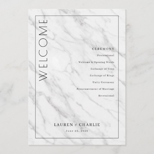 Elegant White Marble Ceremony Schedule Programm (Vorderseite)