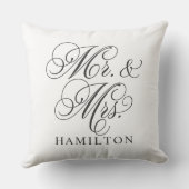 Elegant White Mr. und Mrs. Script Custom Monogram Kissen (Rückseite)