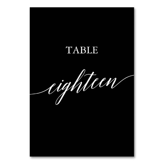 Elegant White on Black Calligraphy Table Achtzehn Tischnummer (Rückseite)