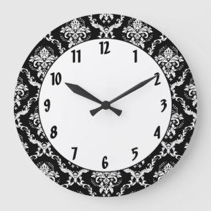 Elegant White on Black Damask Große Wanduhr