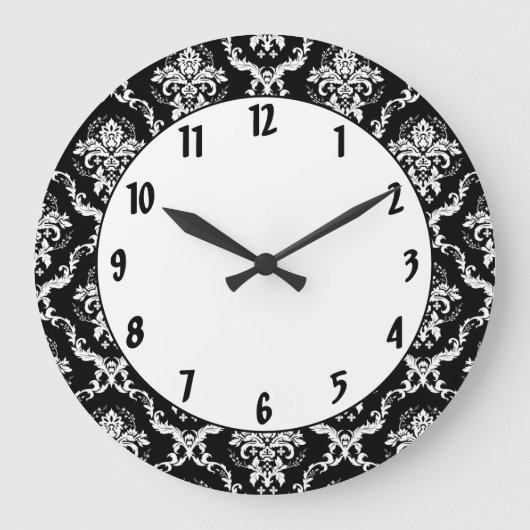 Elegant White on Black Damask Große Wanduhr (Vorderseite)