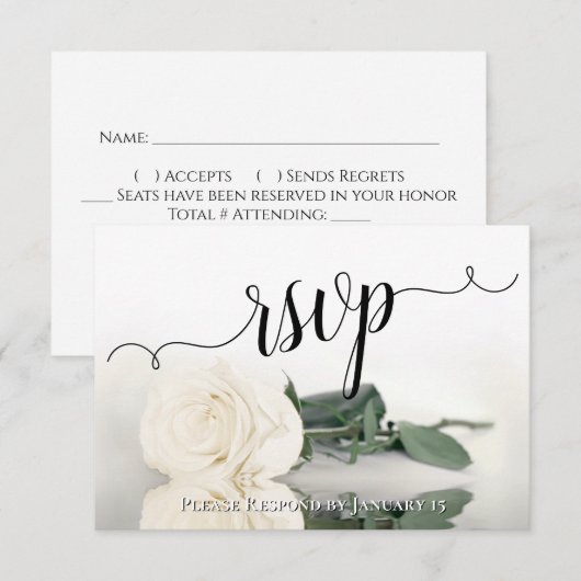 Elegant White or Ivory Reflecting Rose Wedding RSVP Karte (Vorne/Hinten)