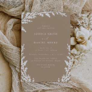 Elegant White Pale Taupe Boho Leaf Wedding Einladung
