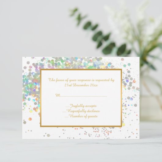 ELEGANT WHITE PASTEL HOLOGRAPHIC CUSTOM UAWG RSVP KARTE (Stehend Vorderseite)