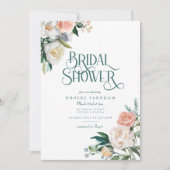 Elegant White Peach Floral Greenery Bridal Shower Einladung (Vorderseite)