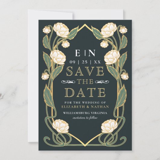 Elegant White Peony Art Nouveau Wedding Photo Save The Date (Vorderseite)