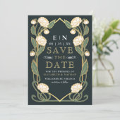 Elegant White Peony Art Nouveau Wedding Photo Save The Date (Stehend Vorderseite)