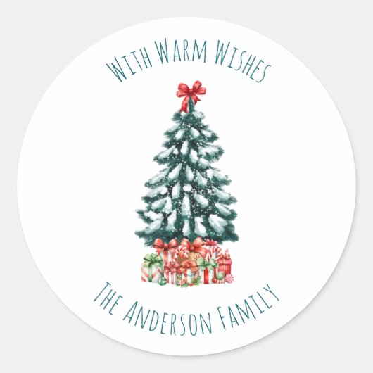 Elegant White Personalized Snowy Christmas Tree Runder Aufkleber (Vorderseite)