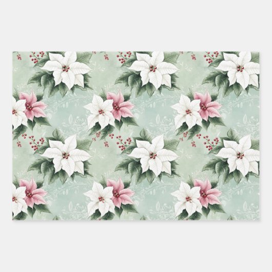 Elegant White Pink Christmas Poinsettias Geschenkpapier Set (Vorderseite 3)