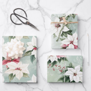 Elegant White Pink Christmas Poinsettias Geschenkpapier Set