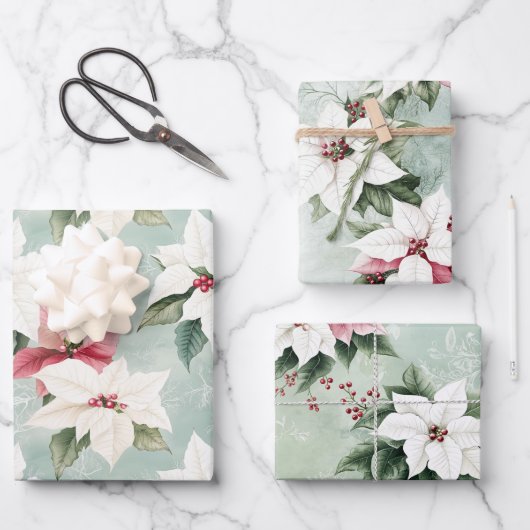 Elegant White Pink Christmas Poinsettias Geschenkpapier Set (Vorderseite)