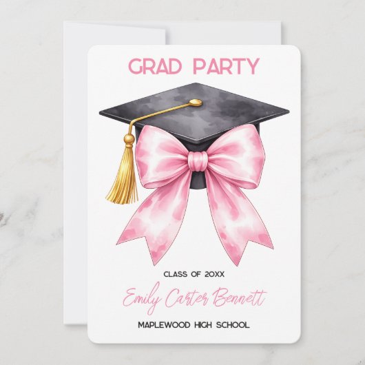 Elegant White Pink Coquette Bow Girly Graduation Einladung (Vorderseite)