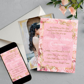 Elegant White Pink Rose Gold Floral Quinceñera Einladung