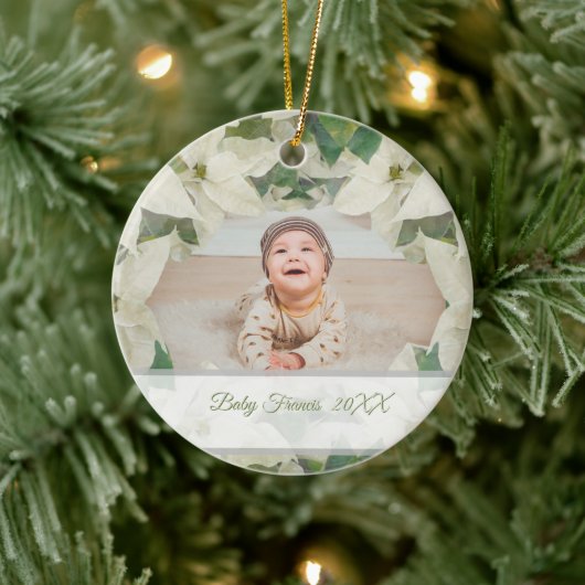 Elegant White Poinsettia Baby Photo Keramik Ornament (Baum)