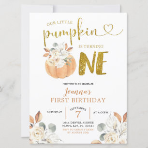 Elegant White Pumpkin Floral Erster Geburtstag Ein Einladung