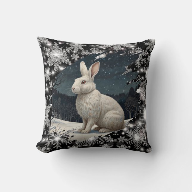 Elegant white rabbit Christmas snowflakes Kissen (Vorderseite)