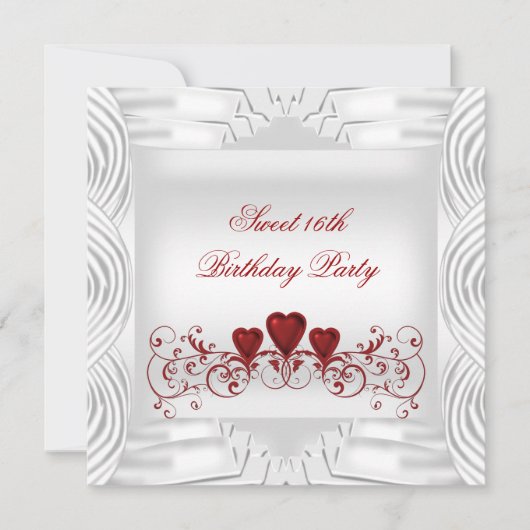 Elegant White Red Hearts Sweet 16 Einladung (Vorderseite)