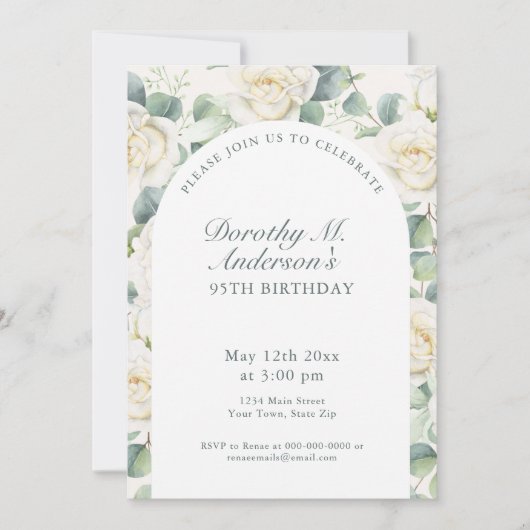 Elegant White Rose 95th Birthday Party Einladung (Vorderseite)