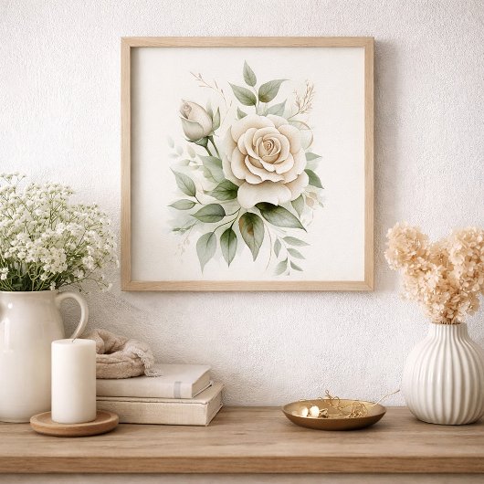 Elegant White Rose Botanical Greenery Neutral  Poster