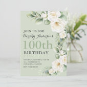 Elegant White Rose Eucalyptus 100th BIrthday Party Einladung (Stehend Vorderseite)