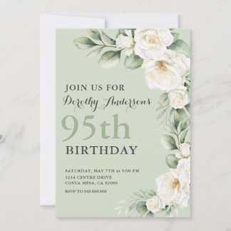 Elegant White Rose Eucalyptus 95. BIrthday Party Einladung