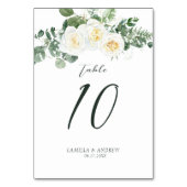 Elegant White Rose Eucalyptus Floral Wedding Tischnummer (Rückseite)