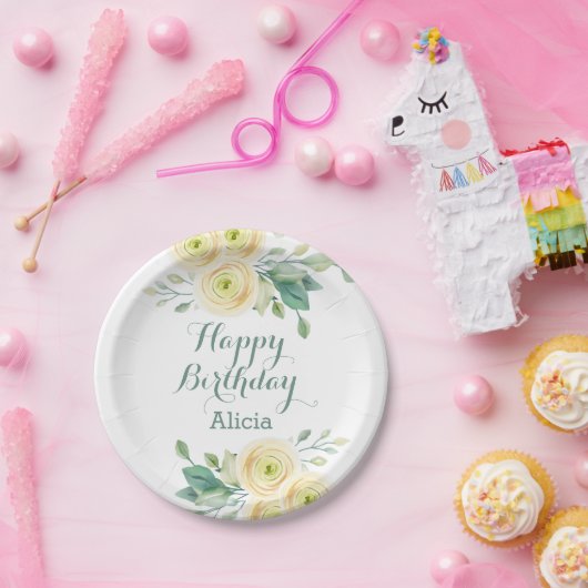 Elegant White Rose Flora Grün Geburtstag Pappteller (Party)