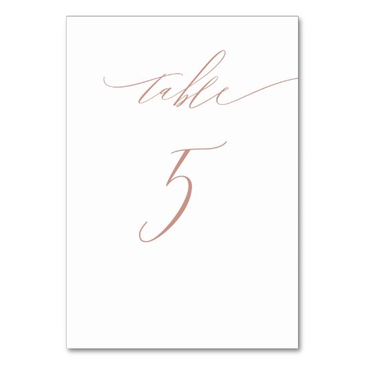 Elegant White Rose Gold Script No. 5 Wedding Tischnummer (Vorderseite)