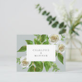 Elegant White Rose Green Sage Website Hochzeit Postkarte (Stehend Vorderseite)