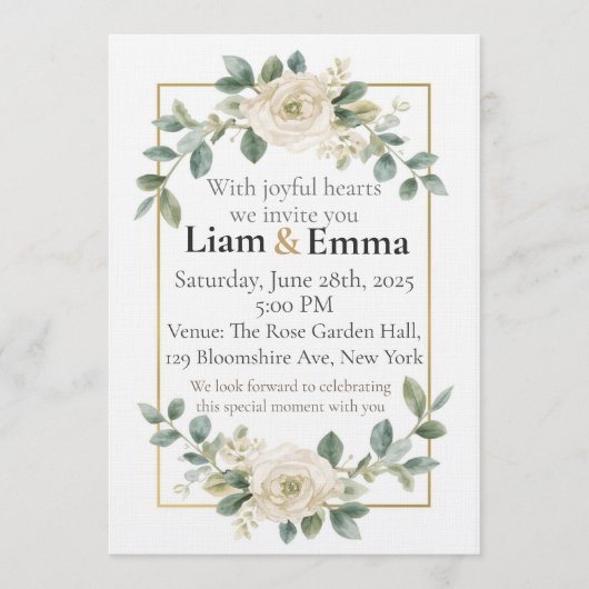 Elegant White Rose Greenery Wedding Invitation Einladung (Vorderseite)