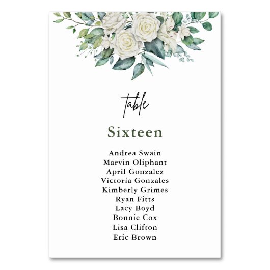 Elegant White Rose Grüne Blumenzwiebelblume Tischnummer (Vorderseite)