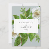 Elegant White Rose Grüne Website Hochzeit Einladung (Vorderseite)