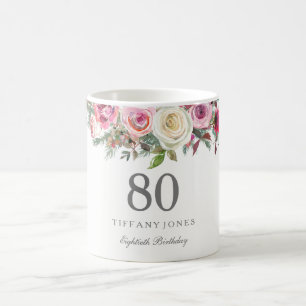 Elegant White Rose Pink Flora 80. Geburtstag Kaffeetasse