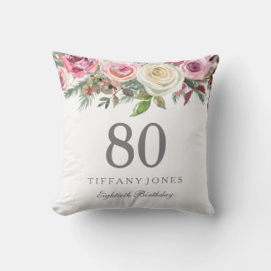 Elegant White Rose Pink Flora 80. Geburtstag Kissen