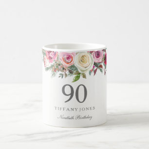 Elegant White Rose Pink Flora 90. Geburtstag Kaffeetasse