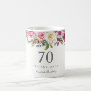 Elegant White Rose Pink Floral 70. Geburtstag Kaffeetasse