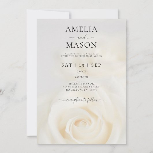 Elegant White Rose Script Wedding Invitation Einladung (Vorderseite)