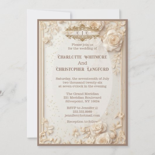 Elegant White Rose Soft Ivory Floral Decor Wedding Einladung (Vorderseite)